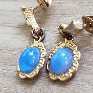 Vintage Petite Blue Gem Gold Earrings
